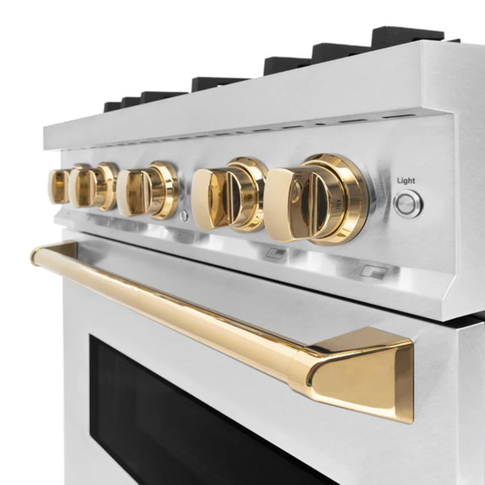 ZLINE Autograph Edition Classic Gas Range with Convection Gas Oven in Satin Stainless Steel and Polished Gold Accents
