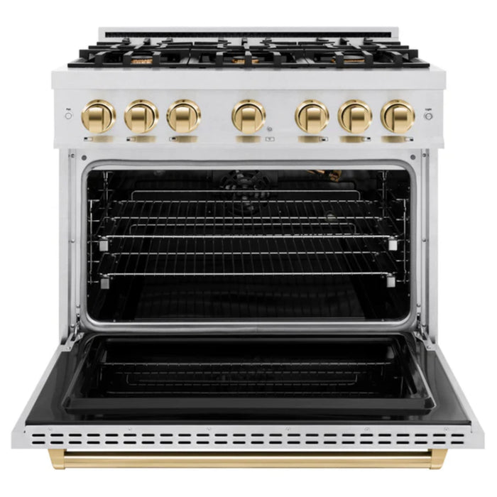 ZLINE Autograph Edition Classic Gas Range with Convection Gas Oven in Satin Stainless Steel and Polished Gold Accents