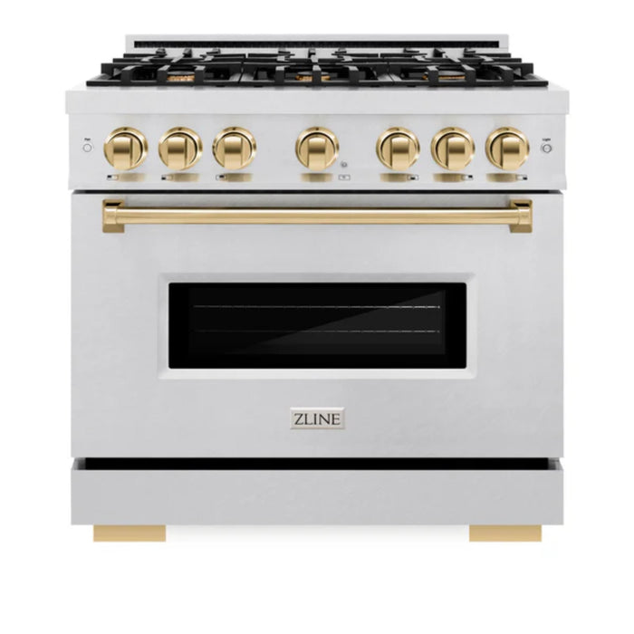 ZLINE Autograph Edition Classic Gas Range with Convection Gas Oven in Satin Stainless Steel and Polished Gold Accents