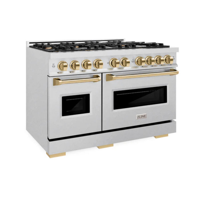 ZLINE Autograph Edition Classic Gas Range with Convection Gas Oven in Satin Stainless Steel and Polished Gold Accents