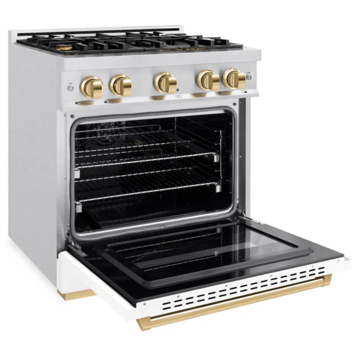 ZLINE Autograph Edition Classic Gas Range with Convection Gas Oven in Satin Stainless Steel Matte White and Polished Gold Accents