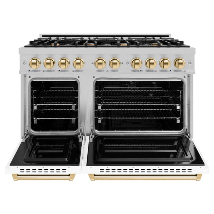 ZLINE Autograph Edition Classic Gas Range with Convection Gas Oven in Satin Stainless Steel Matte White and Polished Gold Accents