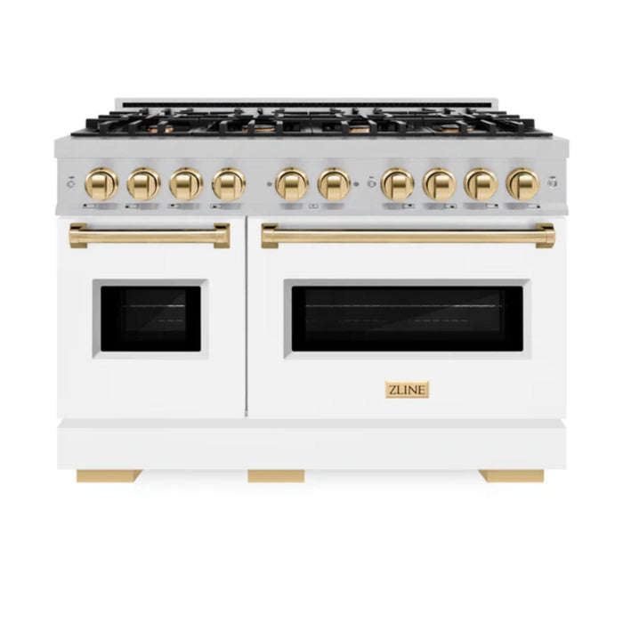 ZLINE Autograph Edition Classic Gas Range with Convection Gas Oven in Satin Stainless Steel Matte White and Polished Gold Accents