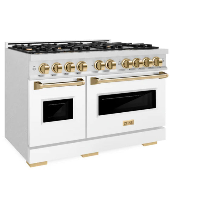 ZLINE Autograph Edition Classic Gas Range with Convection Gas Oven in Satin Stainless Steel Matte White and Polished Gold Accents