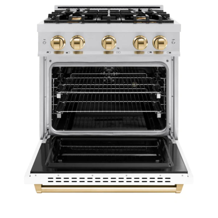 ZLINE Autograph Edition Classic Dual Fuel Ranges in White Matte with Polished Gold Accents