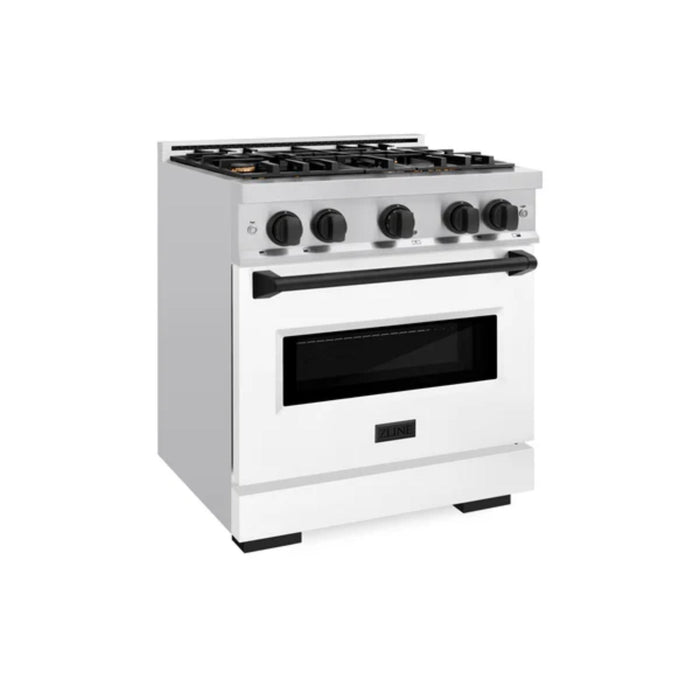ZLINE Autograph Edition Classic Dual Fuel Ranges in Stainless Steel White Matte Door with Matte Black Accents