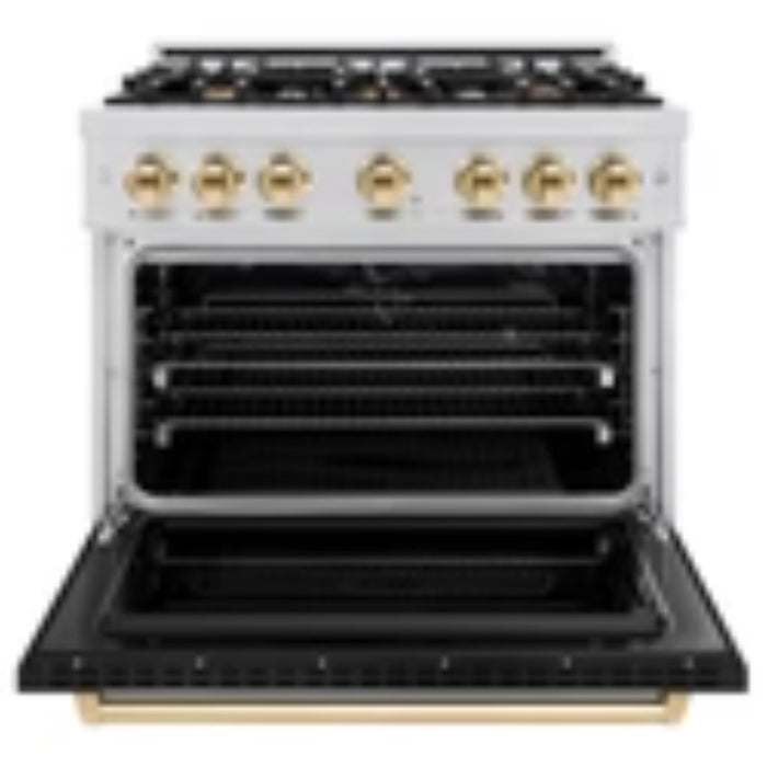 ZLINE Autograph Edition Classic Dual Fuel Ranges with Black Matte Doors and Polished Gold Accents