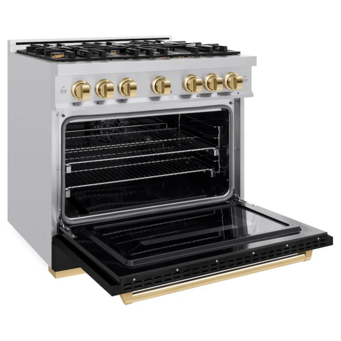 ZLINE Autograph Edition Classic Dual Fuel Ranges with Black Matte Doors and Polished Gold Accents
