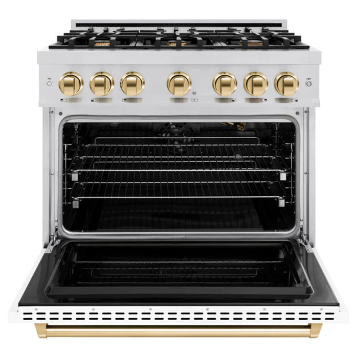 ZLINE Autograph Edition Classic Gas Range with Convection Gas Oven in Stainless Steel with White Matte Door and Polished Gold Accents