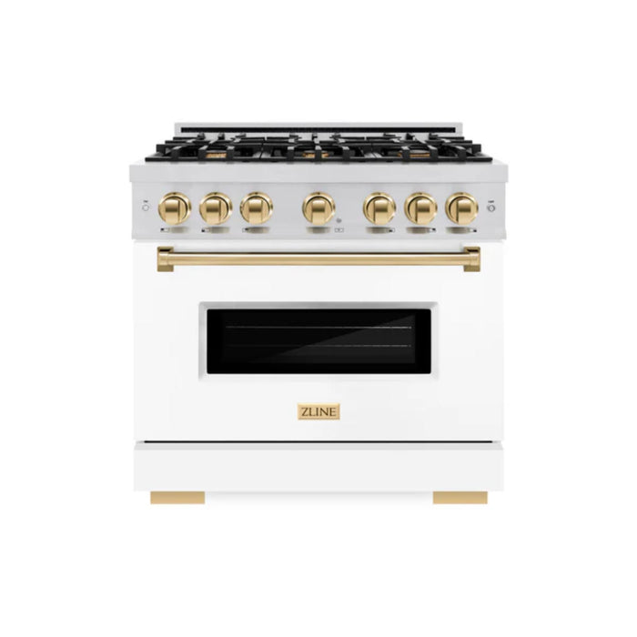 ZLINE Autograph Edition Classic Gas Range with Convection Gas Oven in Stainless Steel with White Matte Door and Polished Gold Accents