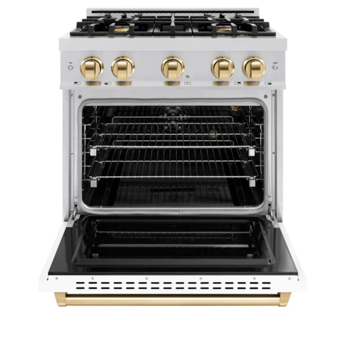 ZLINE Autograph Edition Classic Gas Range with Convection Gas Oven in Stainless Steel with White Matte Door and Polished Gold Accents