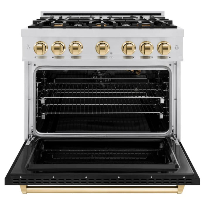 ZLINE Autograph Edition Classic Gas Range with Convection Gas Oven in Stainless Steel and Matte Black door Polished Gold Accents