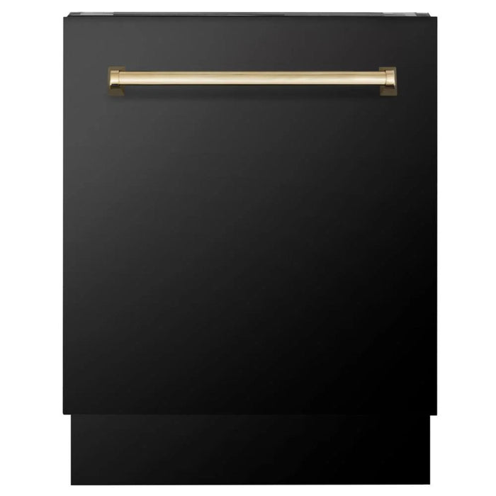 ZLINE Autograph Edition 30", 36", & 48" Black Stainless Steel 4-Piece Kitchen Package with Dual Fuel Range, Range Hood, Dishwasher, and Refrigerator—Polished Gold Accents