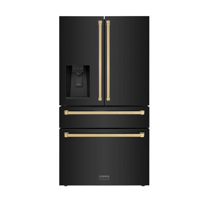 ZLINE 36" Autograph Edition Counter-Depth French Door Refrigerator with Water and Ice Dispenser in Fingerprint-Resistant Black Stainless Steel with Champagne Bronze Traditional Handles 21.6 cu. ft.