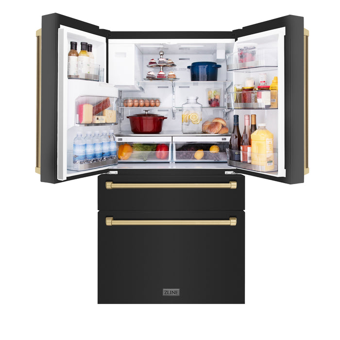 ZLINE 36" Autograph Edition Counter-Depth French Door Refrigerator with Water and Ice Dispenser in Fingerprint-Resistant Black Stainless Steel with Champagne Bronze Traditional Handles 21.6 cu. ft.