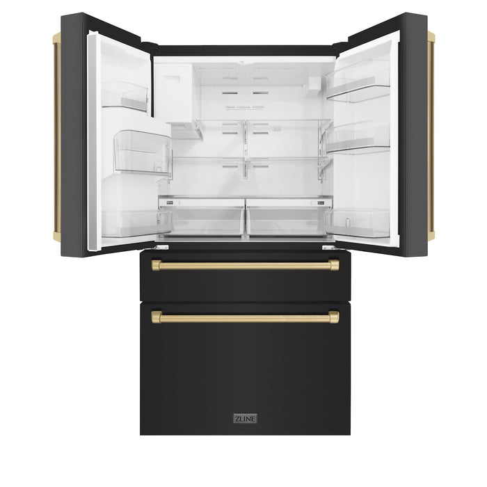 ZLINE 36" Autograph Edition Counter-Depth French Door Refrigerator with Water and Ice Dispenser in Fingerprint-Resistant Black Stainless Steel with Champagne Bronze Traditional Handles 21.6 cu. ft.