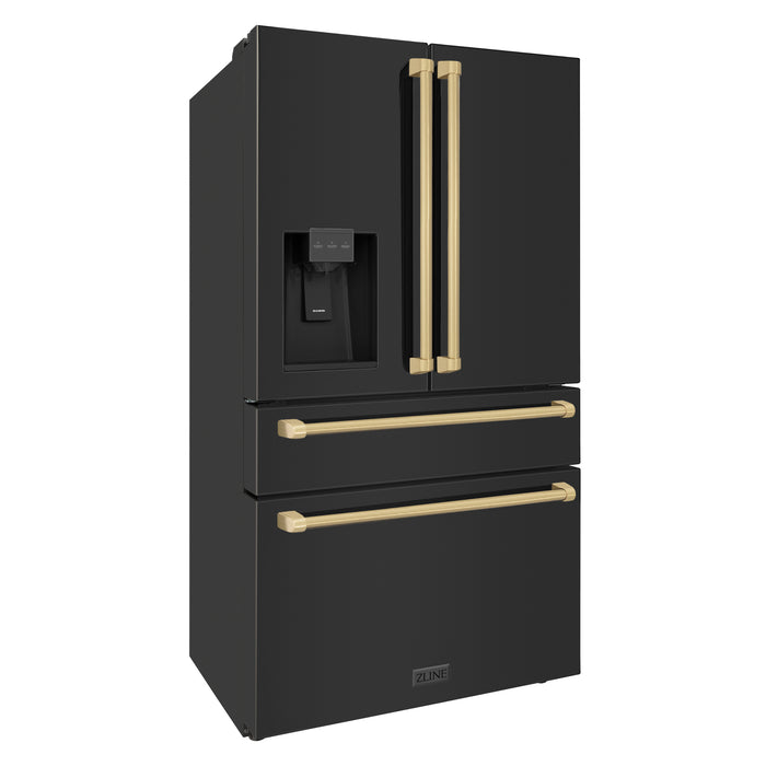 ZLINE 36" Autograph Edition Counter-Depth French Door Refrigerator with Water and Ice Dispenser in Fingerprint-Resistant Black Stainless Steel with Champagne Bronze Traditional Handles 21.6 cu. ft.