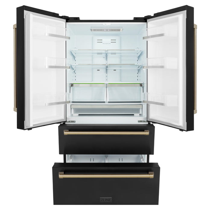 ZLINE 36" Autograph Edition Counter-Depth French Door Refrigerator with Ice Maker in Fingerprint-Resistant Black Stainless Steel and Champagne Bronze Traditional Handles
