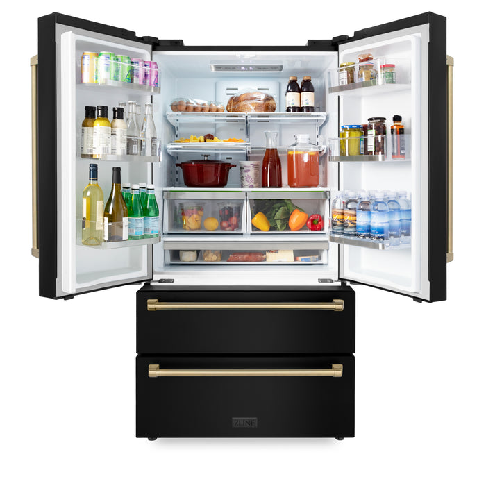 ZLINE 36" Autograph Edition Counter-Depth French Door Refrigerator with Ice Maker in Fingerprint-Resistant Black Stainless Steel and Champagne Bronze Traditional Handles