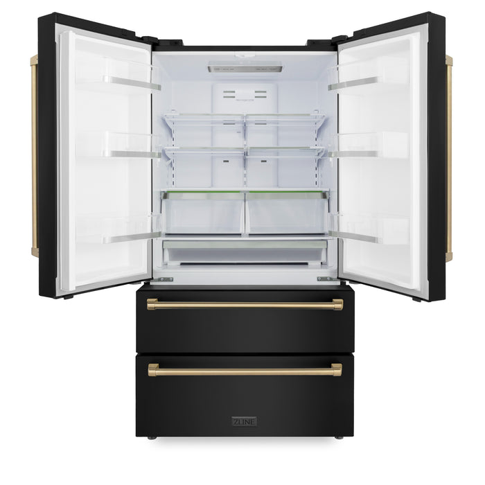 ZLINE 36" Autograph Edition Counter-Depth French Door Refrigerator with Ice Maker in Fingerprint-Resistant Black Stainless Steel and Champagne Bronze Traditional Handles