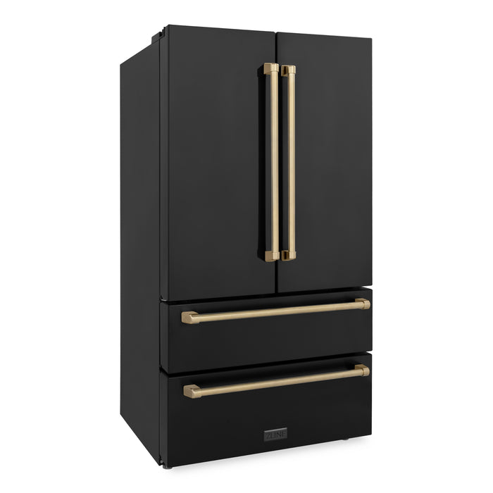 ZLINE 36" Autograph Edition Counter-Depth French Door Refrigerator with Ice Maker in Fingerprint-Resistant Black Stainless Steel and Champagne Bronze Traditional Handles
