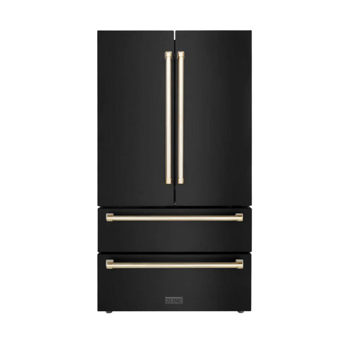 ZLINE Autograph Edition 30", 36", & 48" Black Stainless Steel 4-Piece Kitchen Package with Dual Fuel Range, Range Hood, Dishwasher, and Refrigerator—Polished Gold Accents