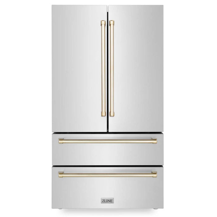 ZLINE Autograph Edition 30", 36", & 48" Stainless Steel 4-Piece Kitchen Package with Polished Gold Accents—Dual Fuel Range, Wall Mount Range Hood, Dishwasher, and Refrigerator