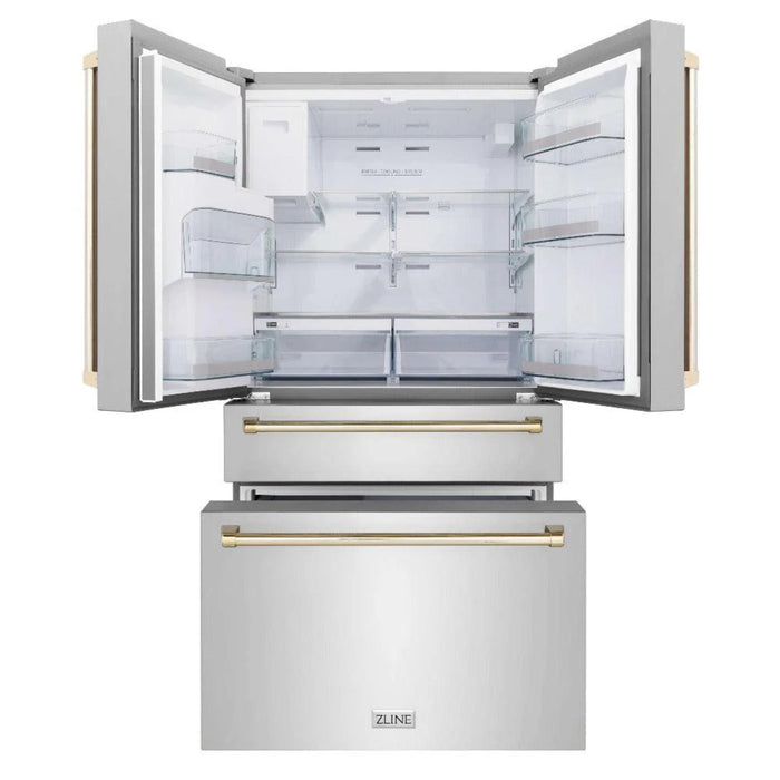 ZLINE Autograph Edition 30", 36", & 48" Stainless Steel 4-Piece Kitchen Package with Polished Gold Accents—Dual Fuel Range, Wall Mount Range Hood, Dishwasher, and Refrigerator.