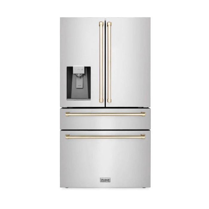 ZLINE Autograph Edition 30", 36", & 48" Stainless Steel 4-Piece Kitchen Package with Polished Gold Accents—Dual Fuel Range, Wall Mount Range Hood, Dishwasher, and Refrigerator.