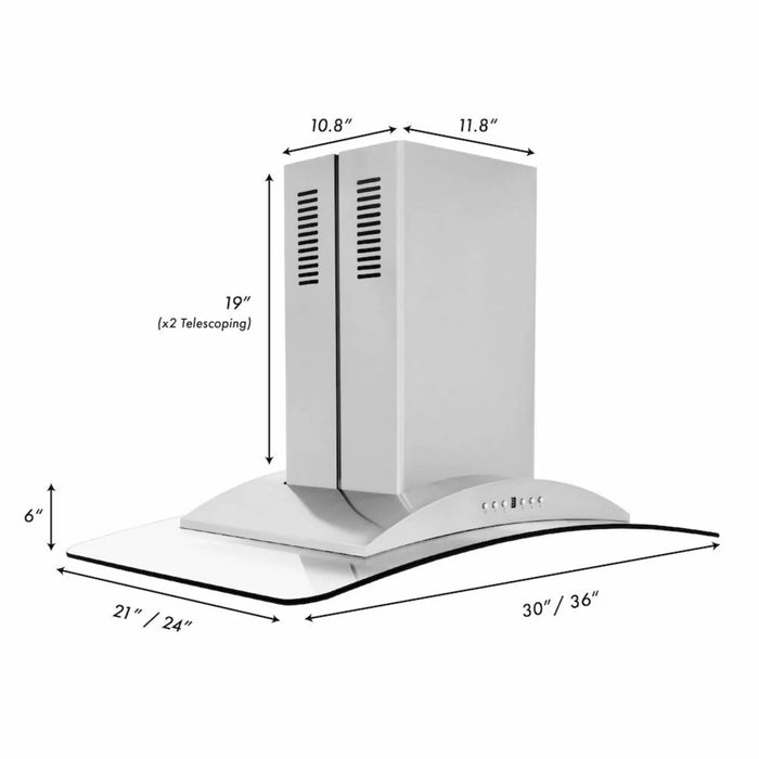 ZLINE Convertible Vent Island Mount Range Hoods with Curved Glass Canopy