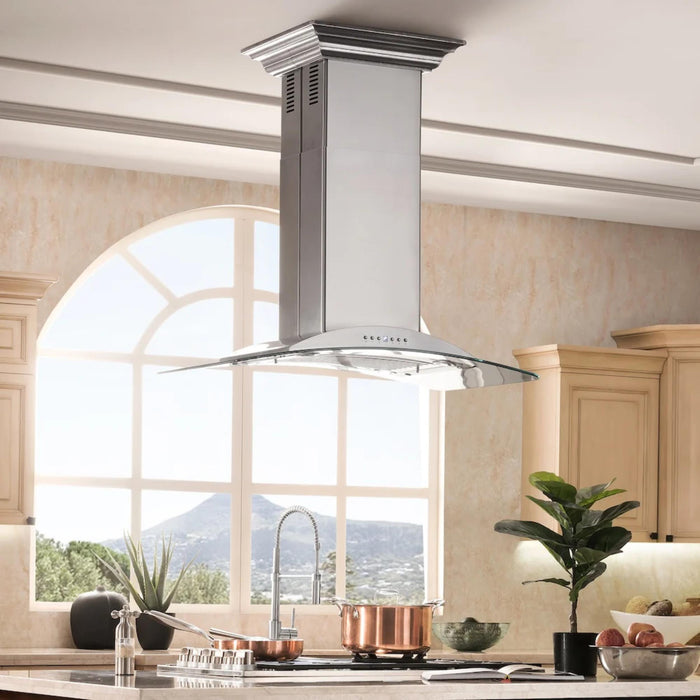 ZLINE Convertible Vent Island Mount Range Hoods with Curved Glass Canopy