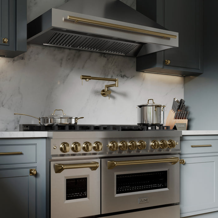 ZLINE 48"  Autograph Edition  Legacy Dual Fuel Range with 7 Burner Gas Cooktop and 2 Electric Ovens in Stainless Steel and Champagne Bronze Accents