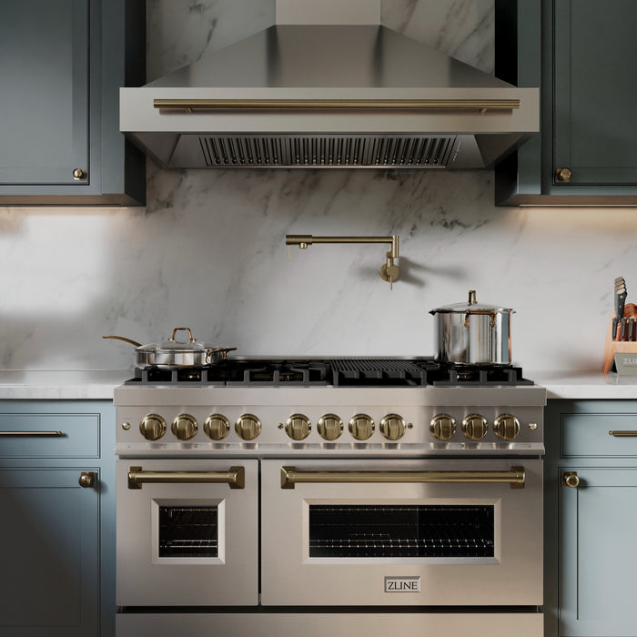 ZLINE 48"  Autograph Edition  Legacy Dual Fuel Range with 7 Burner Gas Cooktop and 2 Electric Ovens in Stainless Steel and Champagne Bronze Accents