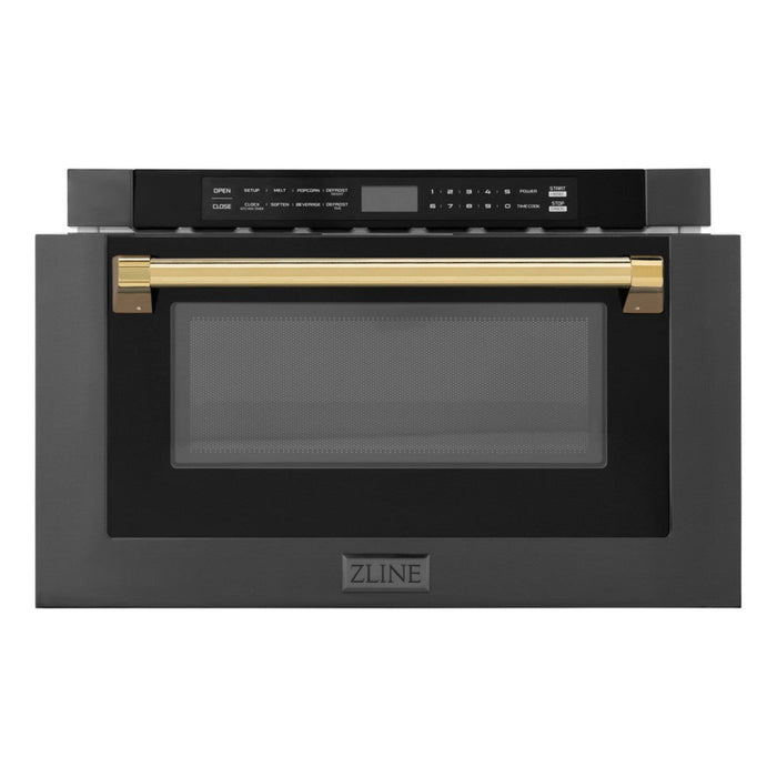 ZLINE 24" Autograph Edition Built-in Microwave Drawer in Black Stainless Steel and Polished Gold Accents