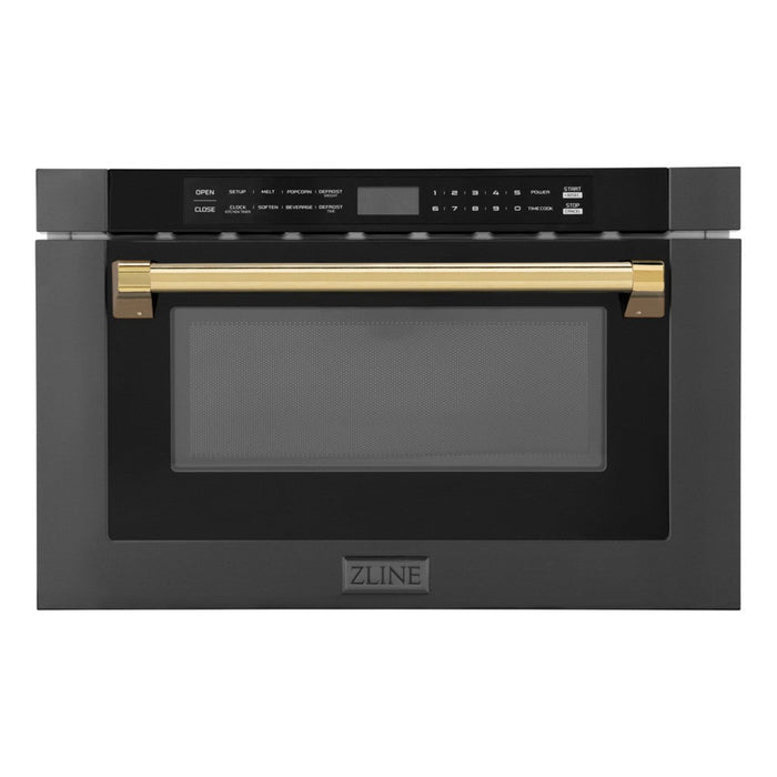 ZLINE 24" Autograph Edition Built-in Microwave Drawer in Black Stainless Steel and Polished Gold Accents