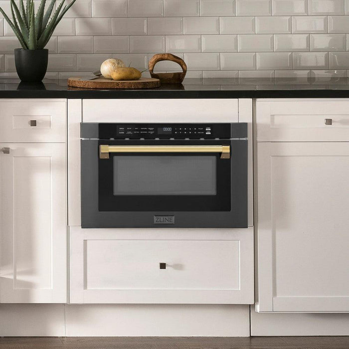 ZLINE 24" Autograph Edition Built-in Microwave Drawer in Black Stainless Steel and Polished Gold Accents