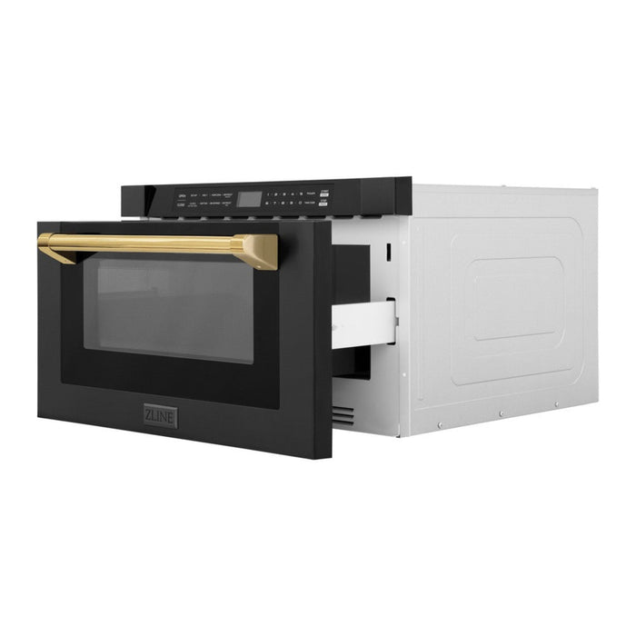 ZLINE 24" Autograph Edition Built-in Microwave Drawer in Black Stainless Steel and Polished Gold Accents