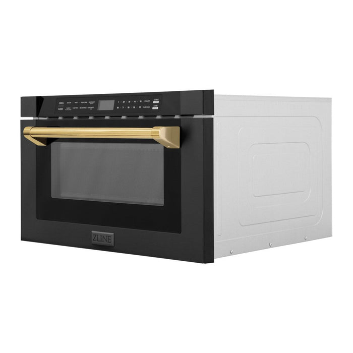ZLINE 24" Autograph Edition Built-in Microwave Drawer in Black Stainless Steel and Polished Gold Accents