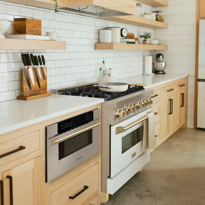 ZLINE 30" Autograph Edition Built-In Microwave Drawer in Stainless Steel with Polished Gold Accents