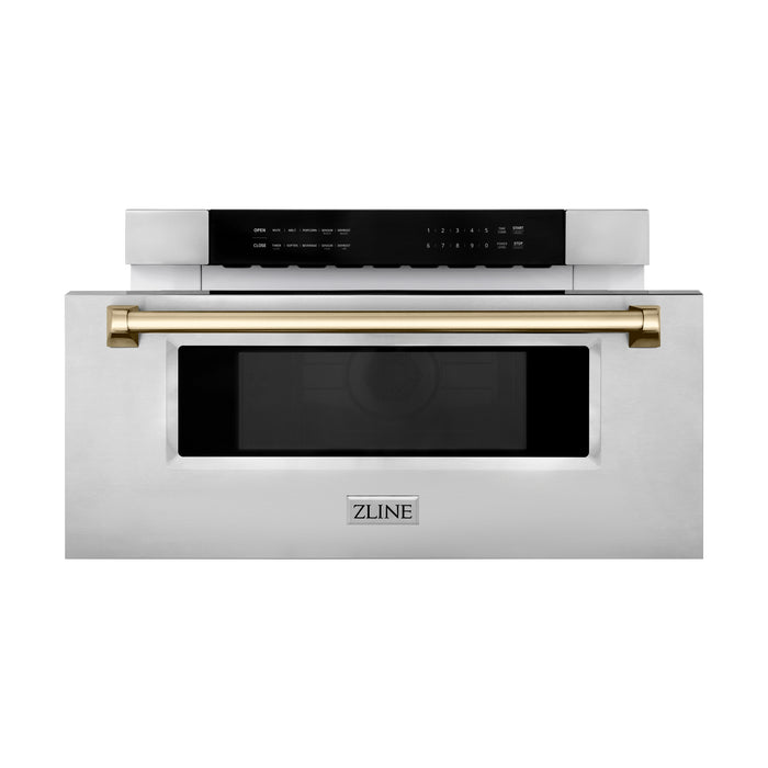 ZLINE 30" Autograph Edition Built-In Microwave Drawer in Stainless Steel with Polished Gold Accents