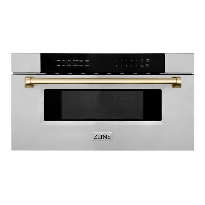 ZLINE 30" Autograph Edition Built-In Microwave Drawer in Stainless Steel with Polished Gold Accents
