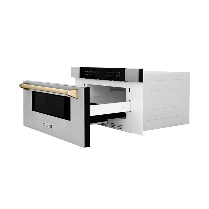 ZLINE 30" Autograph Edition Built-In Microwave Drawer in Stainless Steel with Polished Gold Accents