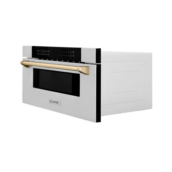 ZLINE 30" Autograph Edition Built-In Microwave Drawer in Stainless Steel with Polished Gold Accents