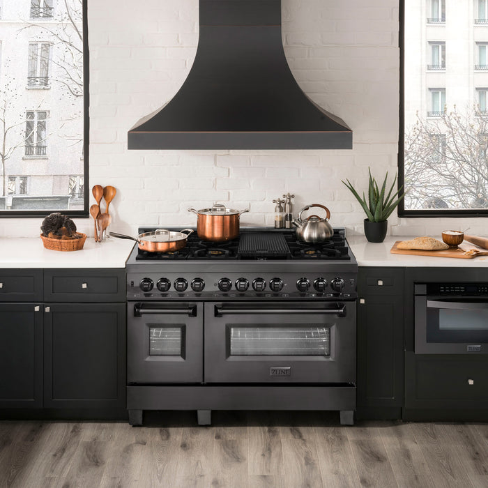 ZLINE 48" Legacy Dual Fuel Range with Gas Cooktop and 2 Electric Ovens in Black Stainless Steel with 6 Brass Burners