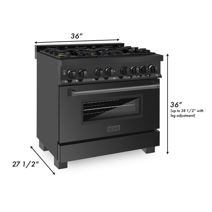 ZLINE 36" Legacy Dual Fuel Range with Gas Cooktop and Electric Convection Oven in Black Stainless Steel with 6 Brass Burners