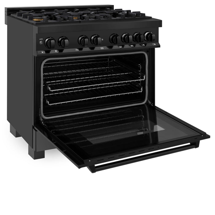 ZLINE 36" Legacy Dual Fuel Range with Gas Cooktop and Electric Convection Oven in Black Stainless Steel with 6 Brass Burners
