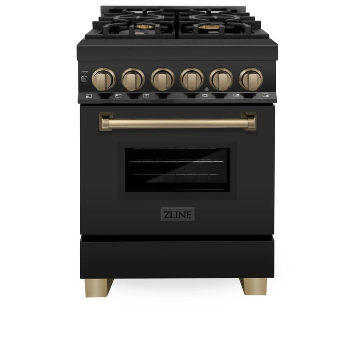 ZLINE 24", 30" & 36" Autograph Edition Legacy Dual Fuel Range with 6 Burner Gas Cooktop and Electric Convection Oven in Black Stainless Steel and Champagne Bronze Accents