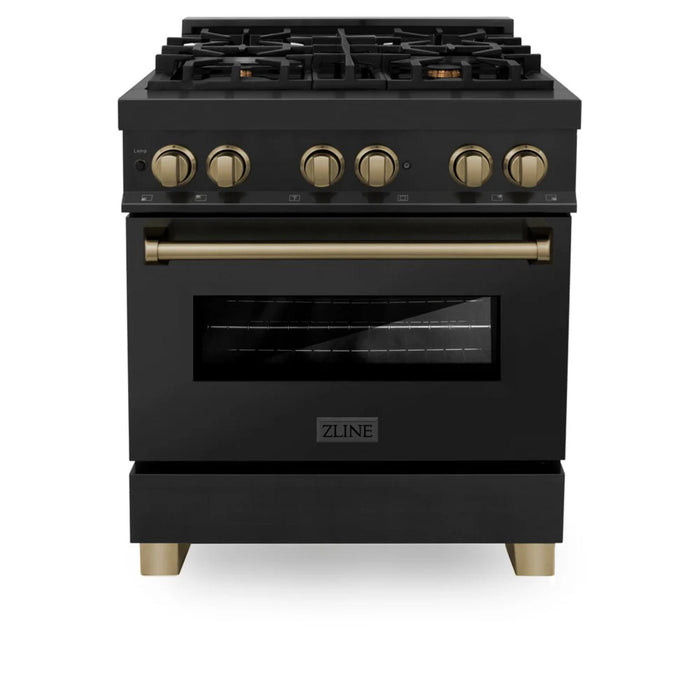 ZLINE 24", 30" & 36" Autograph Edition Legacy Dual Fuel Range with 6 Burner Gas Cooktop and Electric Convection Oven in Black Stainless Steel and Champagne Bronze Accents