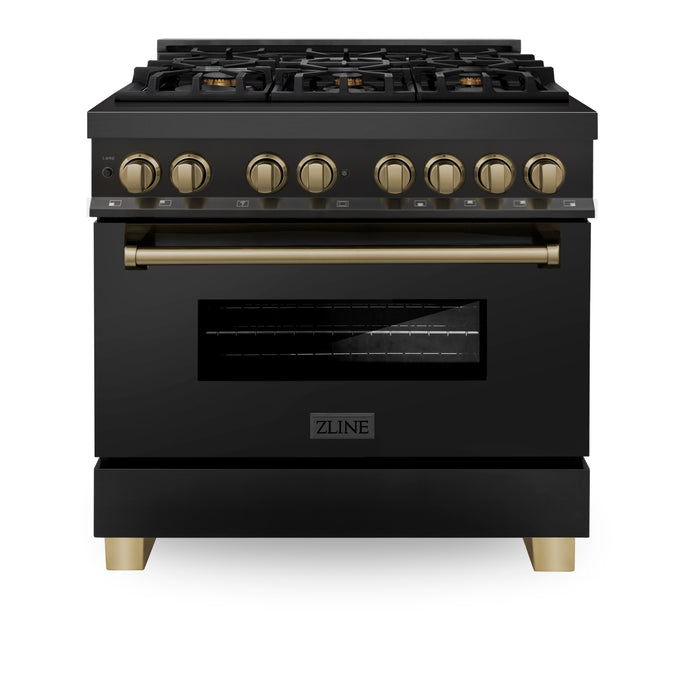 ZLINE 36" Autograph Edition Legacy Dual Fuel Range with 6 Burner Gas Cooktop and Electric Convection Oven in Black Stainless Steel and Champagne Bronze Accents