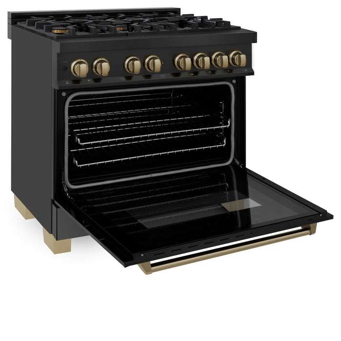 ZLINE 36" Autograph Edition Legacy Dual Fuel Range with 6 Burner Gas Cooktop and Electric Convection Oven in Black Stainless Steel and Champagne Bronze Accents